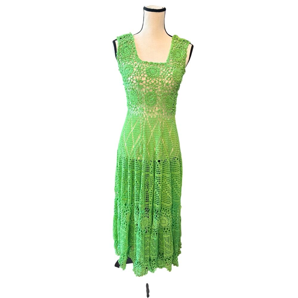 Alix Pinho Women's Small Green Crochet Long Dress Handmade Boho Resortwear